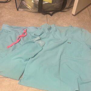 Figs Aqua Scrub Pants with Pink Drawstring and top